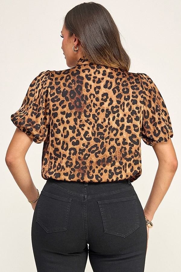 Leopard Print Short Sleeve Neck Scarf Tie Detail Top