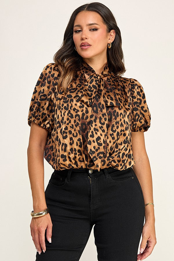 Leopard Print Short Sleeve Neck Scarf Tie Detail Top