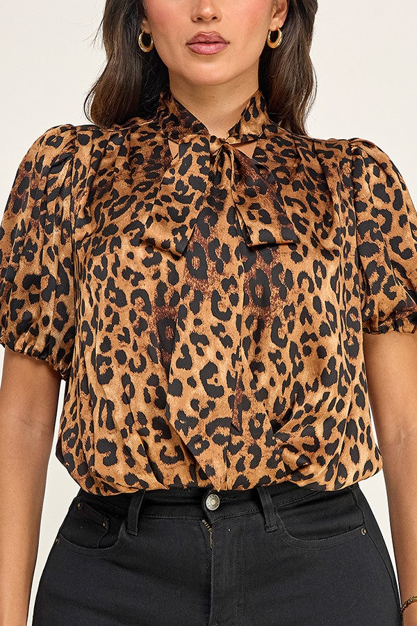 Leopard Print Short Sleeve Neck Scarf Tie Detail Top