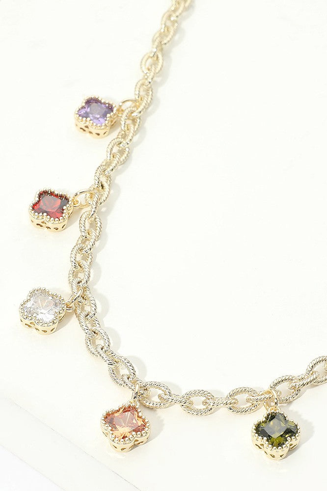 14K Gold Plated Quatrefoil CZ Charm Station Necklace