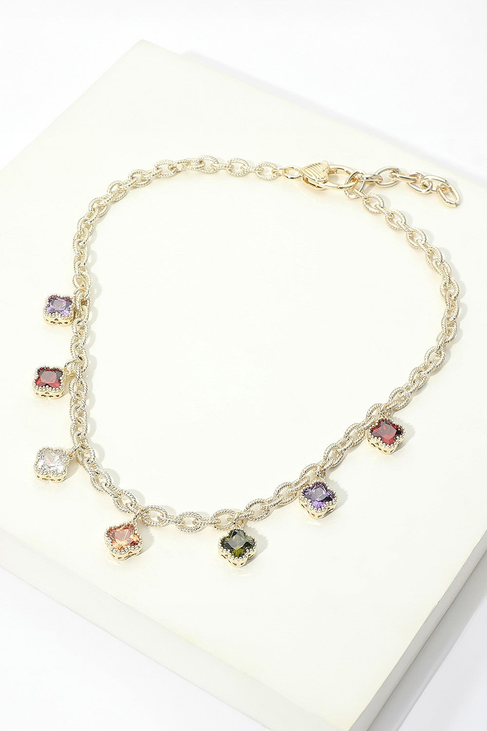 14K Gold Plated Quatrefoil CZ Charm Station Necklace