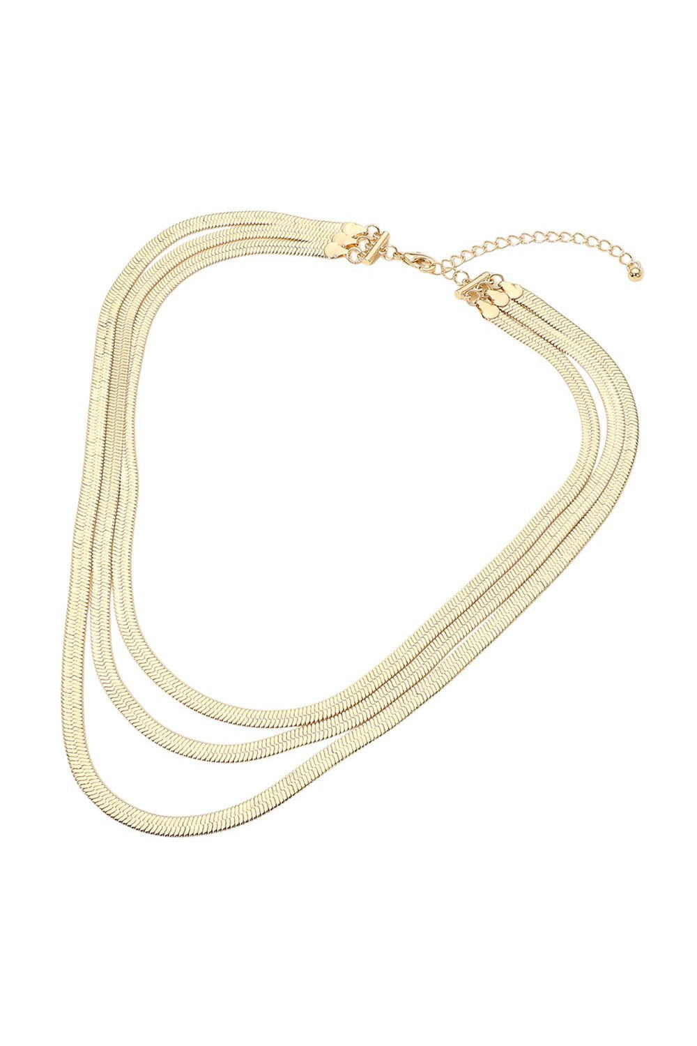 Gold dipped triple strand herringbone chain necklace on white background