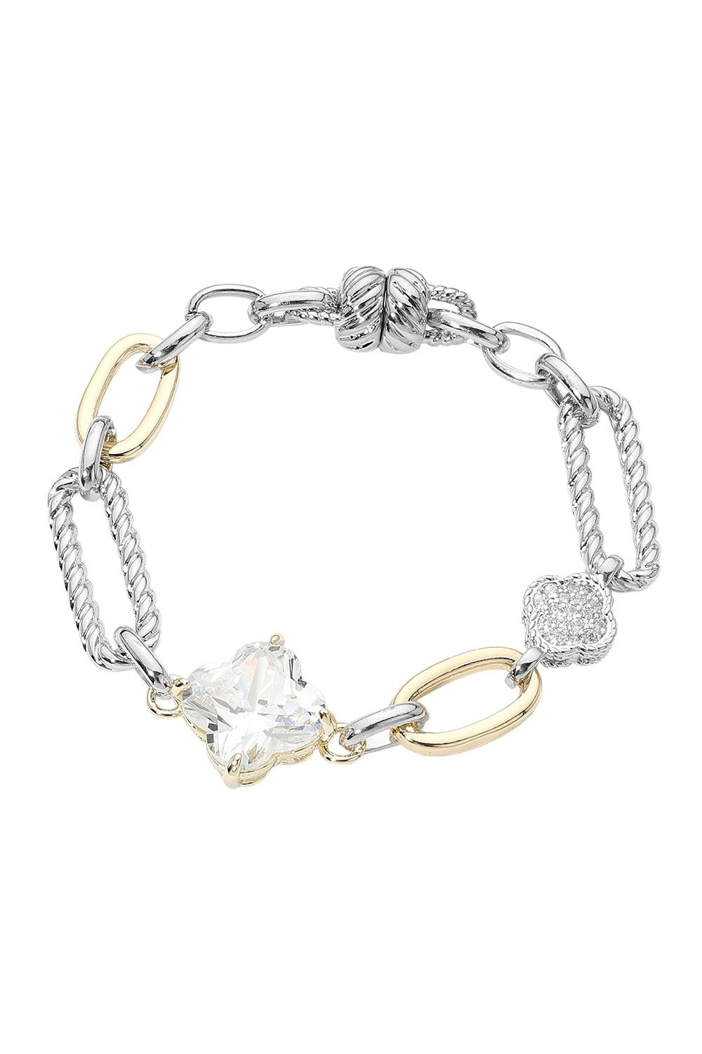 Two-tone textured link bracelet with sparkling quatrefoil floral centerpiece
