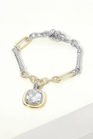 14K Gold Plated Two Tone Cushion CZ Charm Magnetic Bracelet