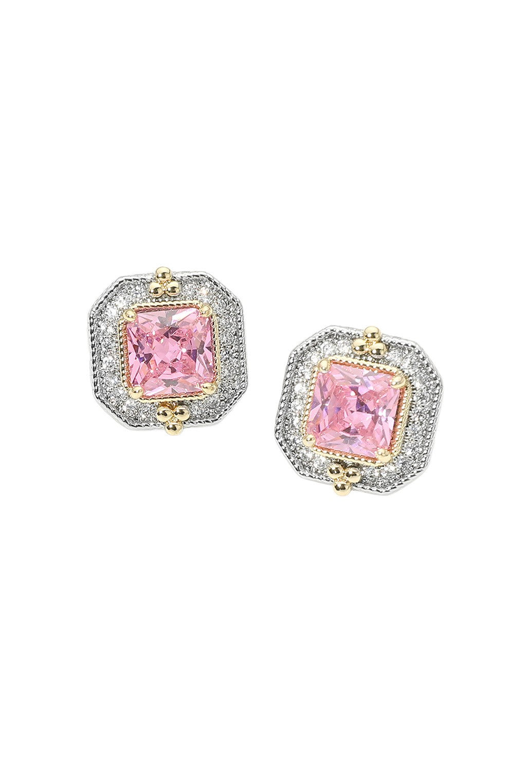 14K Gold Plated Square CZ Halo Evening Stud Earrings