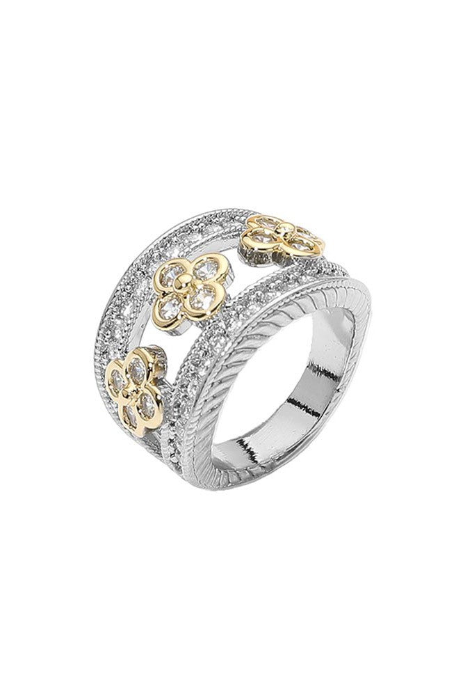 14K Gold Two Tone CZ Pave Floral Openwork Statement Ring