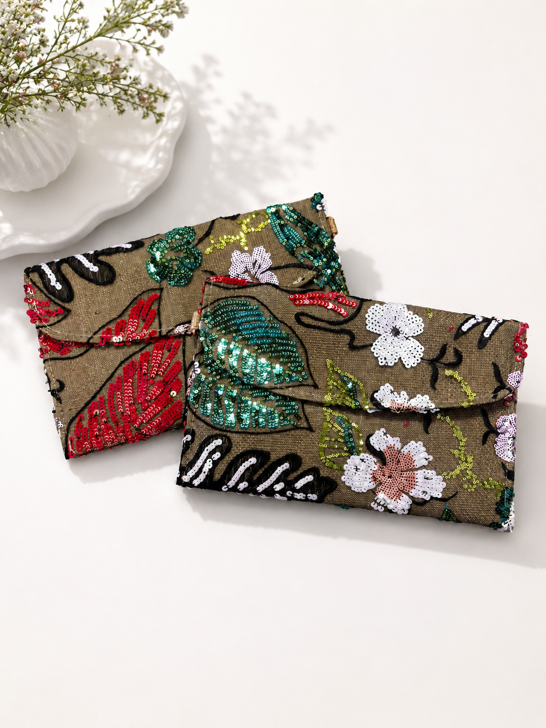 Botanical Embroidered Sequin Mesh  Purse