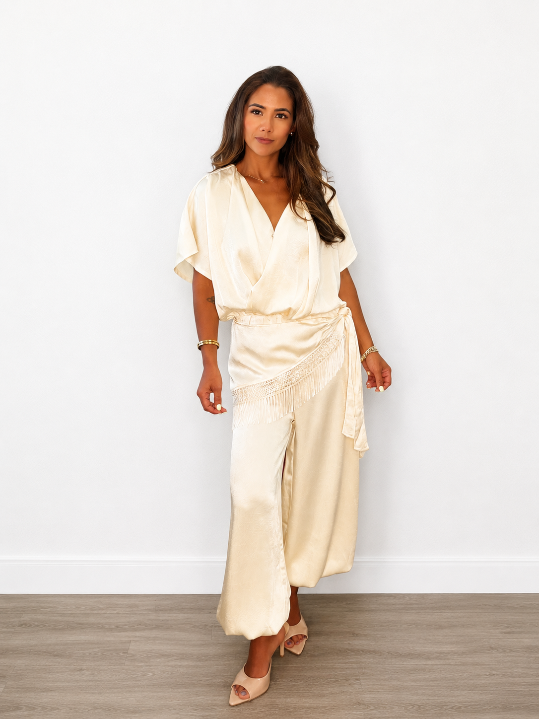 Surplice V-Neck Fringe Trim Wide-Leg Jumpsuit