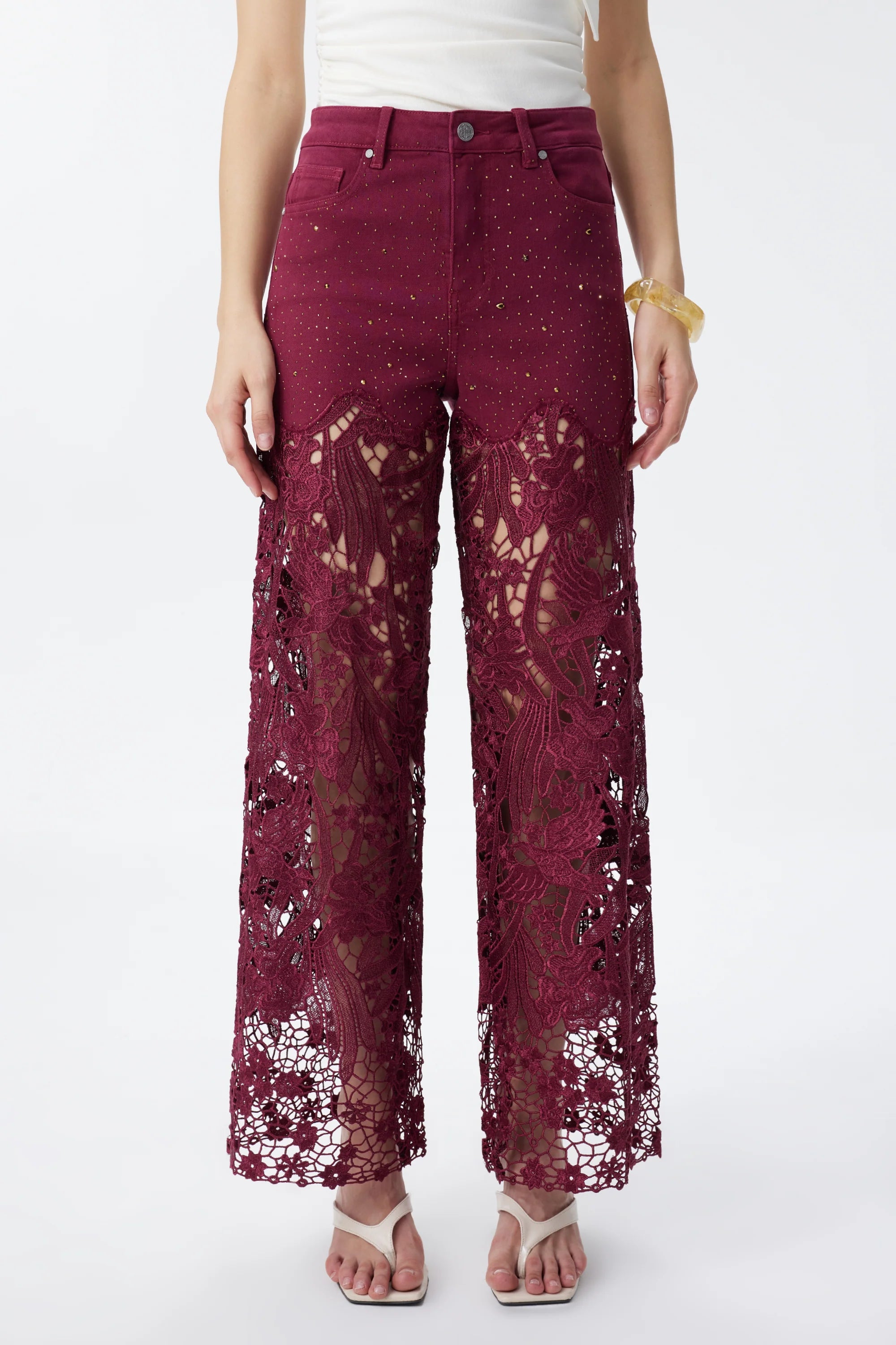 Wine Embroidered Lace Denim Rhinestone Jeans