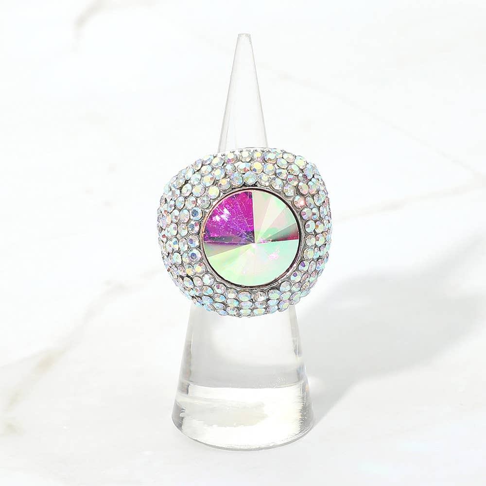 Bold Round Stone Accent Rhinestone Pave Statement Stretch Ring