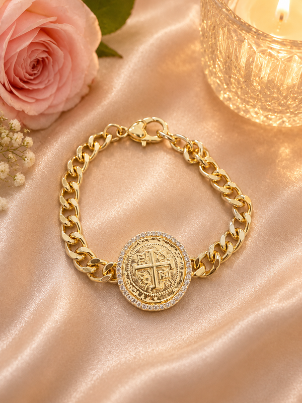 14K Gold Plated Cubic Zirconia Coin Bracelet