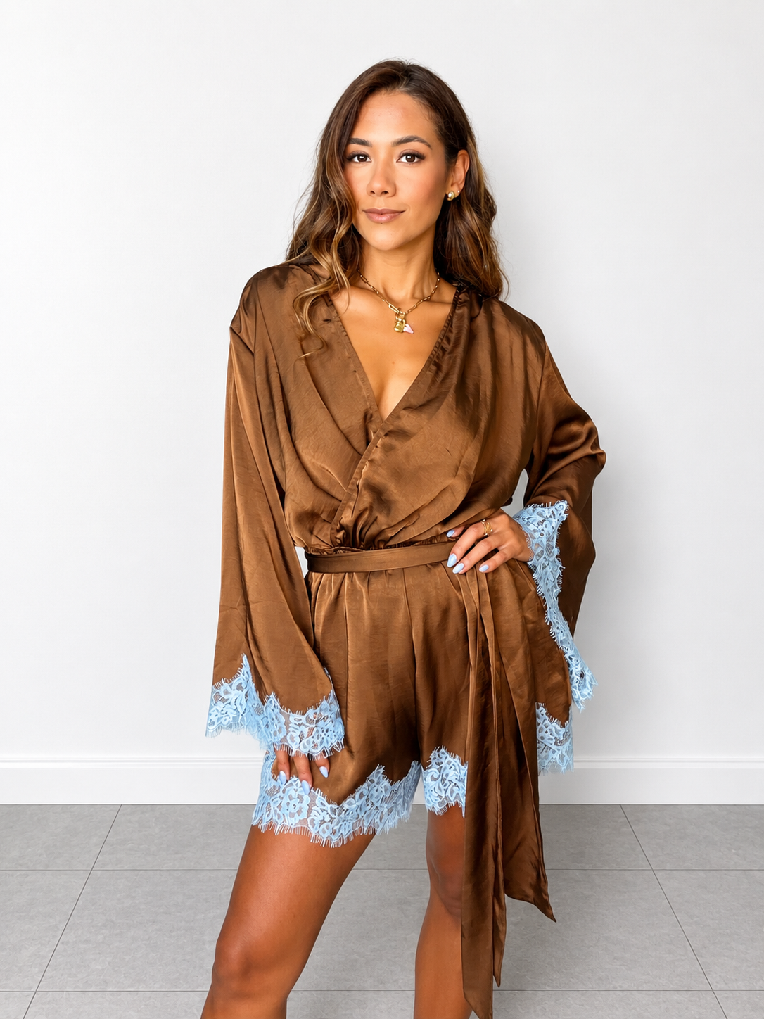 Chocolate Brown Satin Wrap Romper