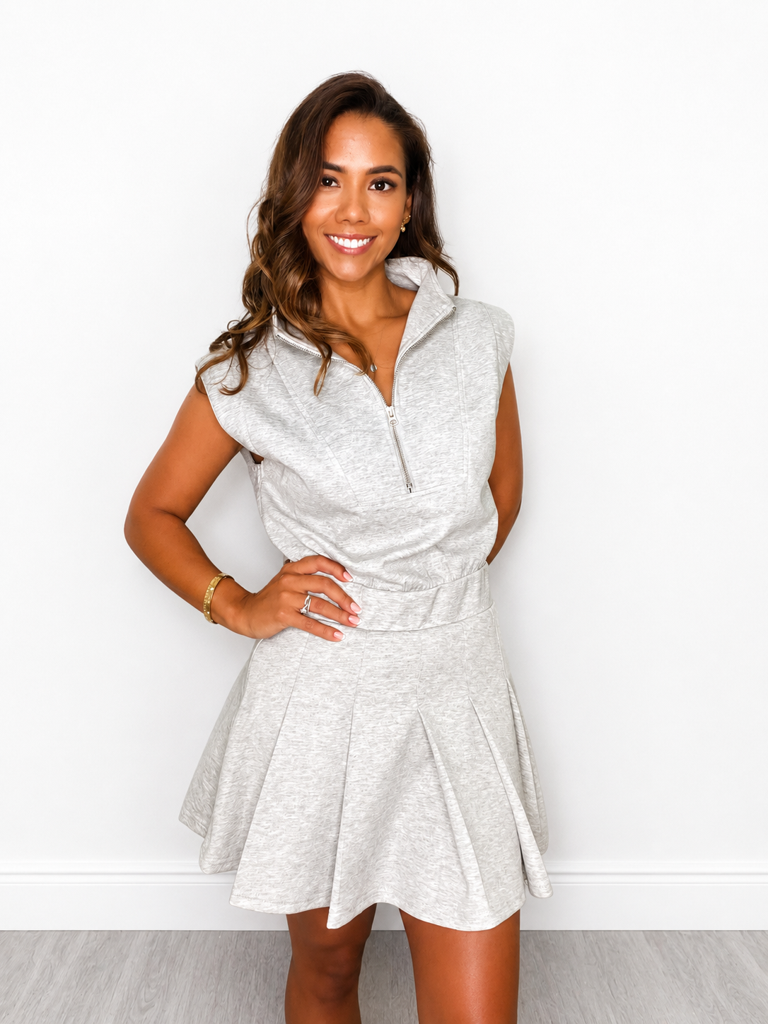 Scuba Half-Zip Mock Neck Pleated Skort Romper