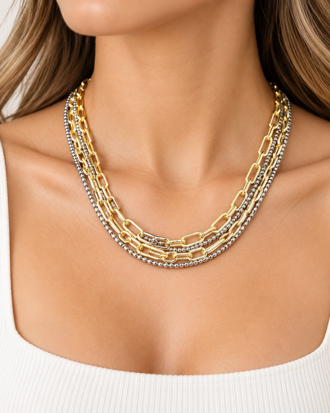 14K Gold Plated Two Tone Mixed Chain Layered Necklace