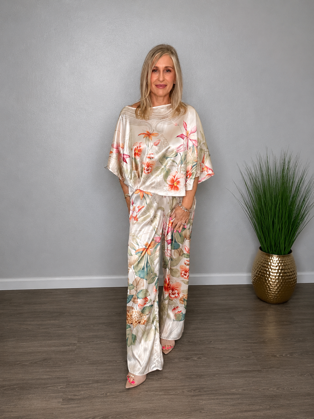 Floral Dolman Sleeve Top & Wide Leg Pants Set