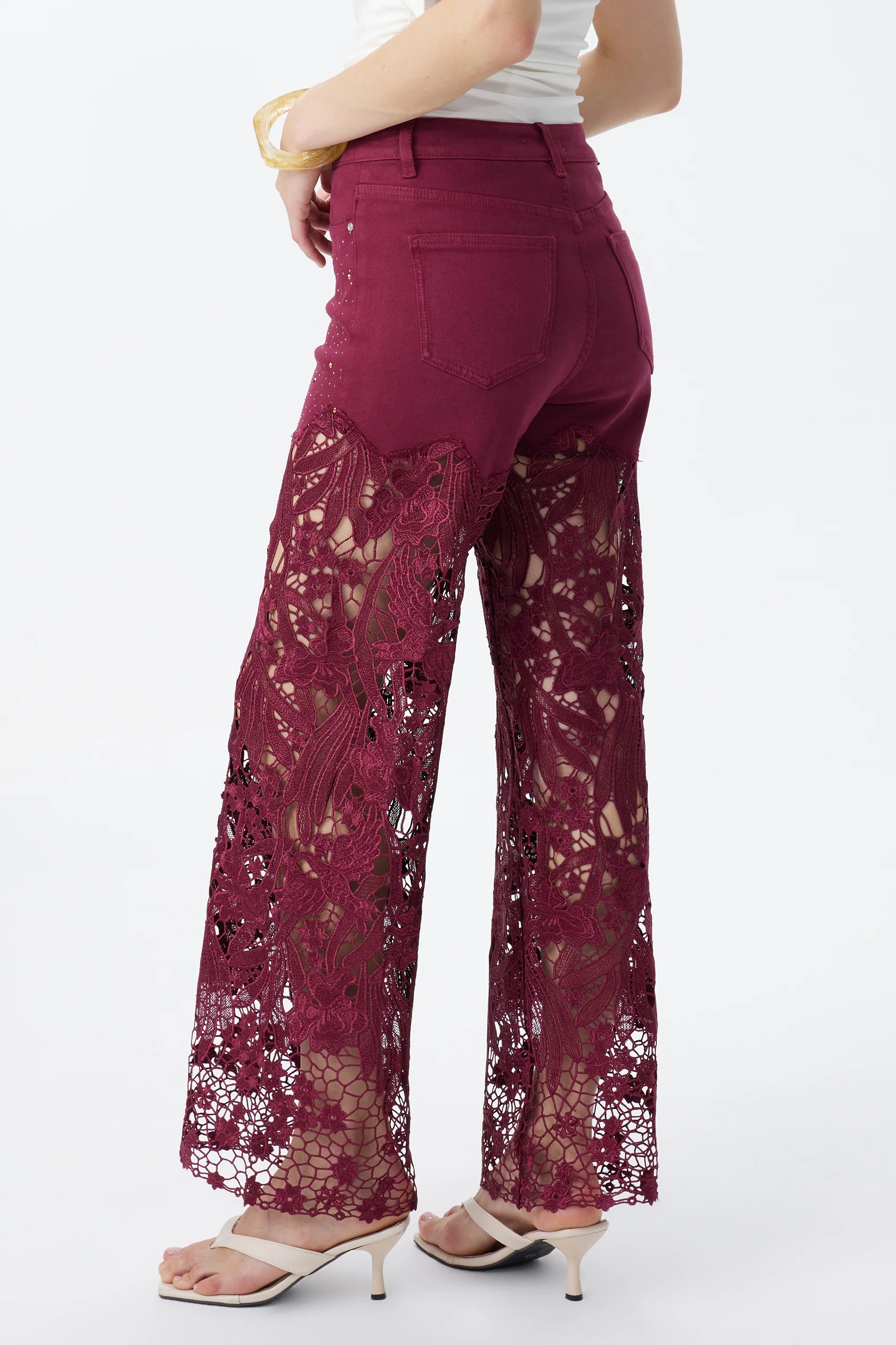 Wine Embroidered Lace Denim Rhinestone Jeans