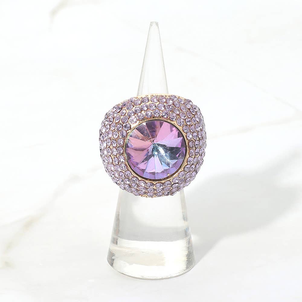 Bold Round Stone Accent Rhinestone Pave Statement Stretch Ring