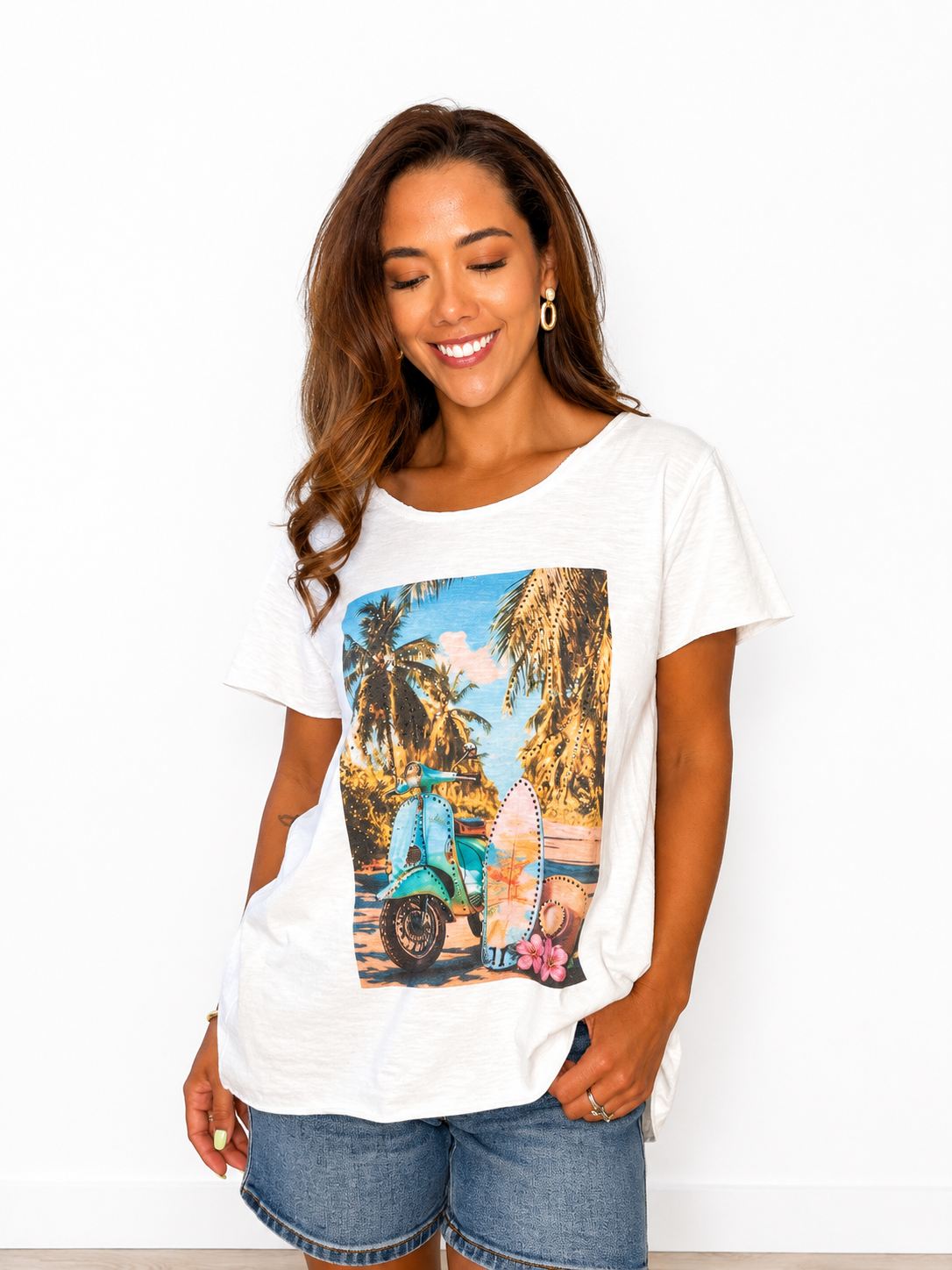 Tropical Rhinestone Photographic Crewneck Tee Top