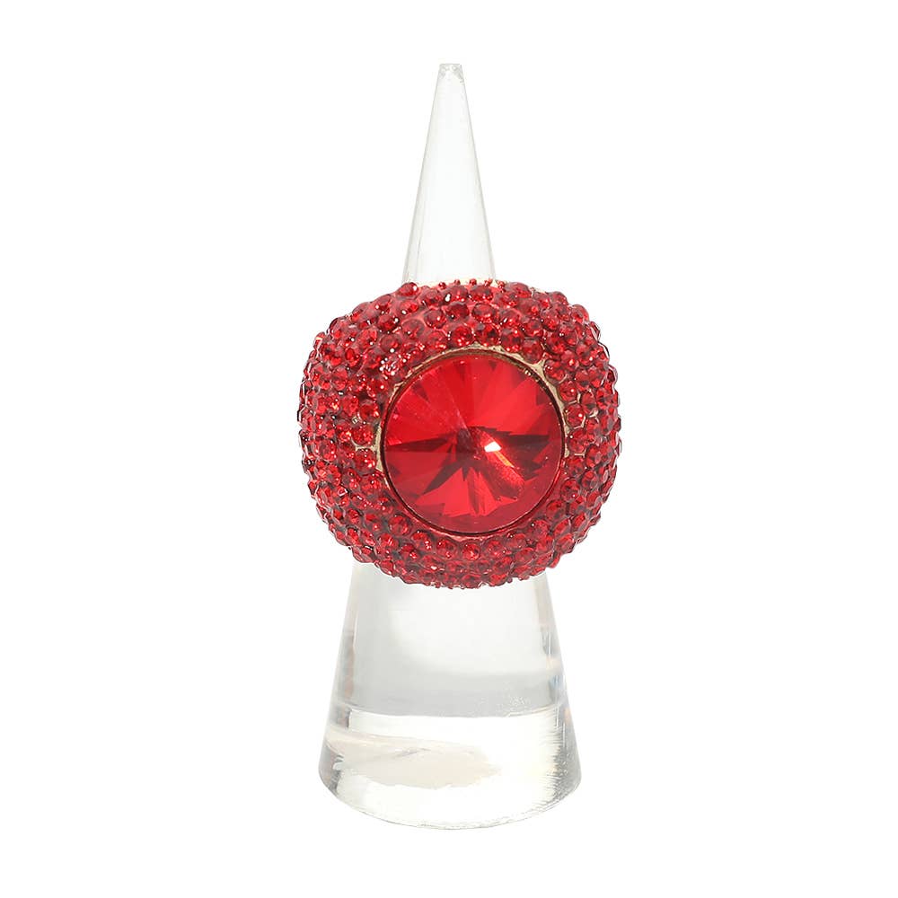 Bold Round Stone Accent Rhinestone Pave Statement Stretch Ring
