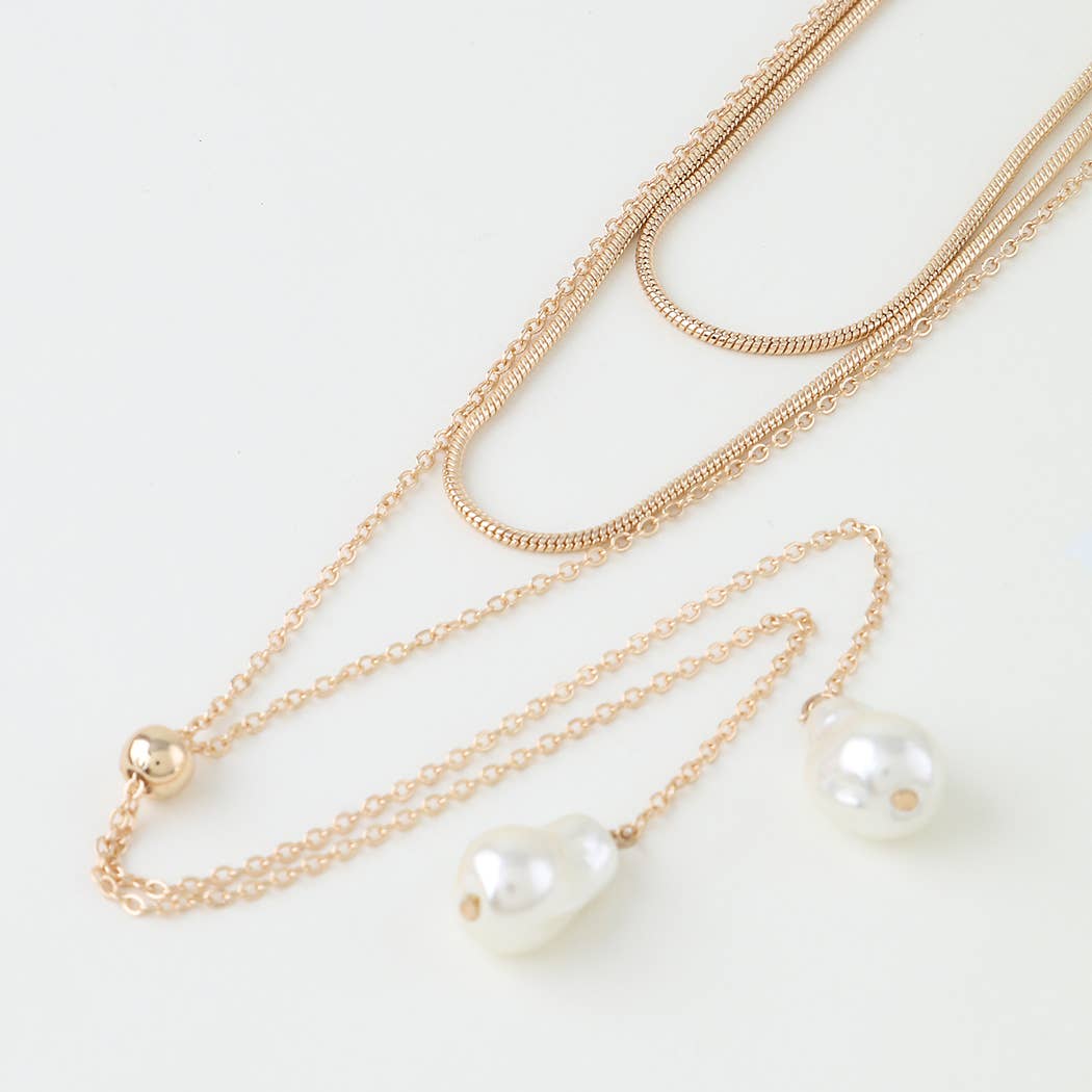 Multi Strand Gold Tone Layered Necklace With Baroque Pearl