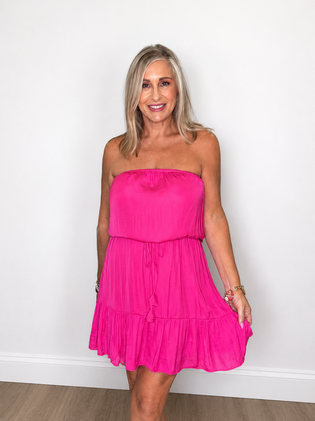 Hot Pink Strapless Tiered Mini Tube Dress