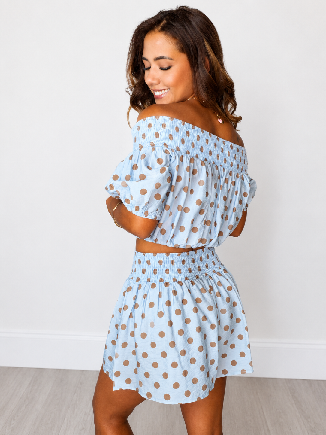 Polka Dot Off Shoulder Smocked Crop Top & Shorts Set