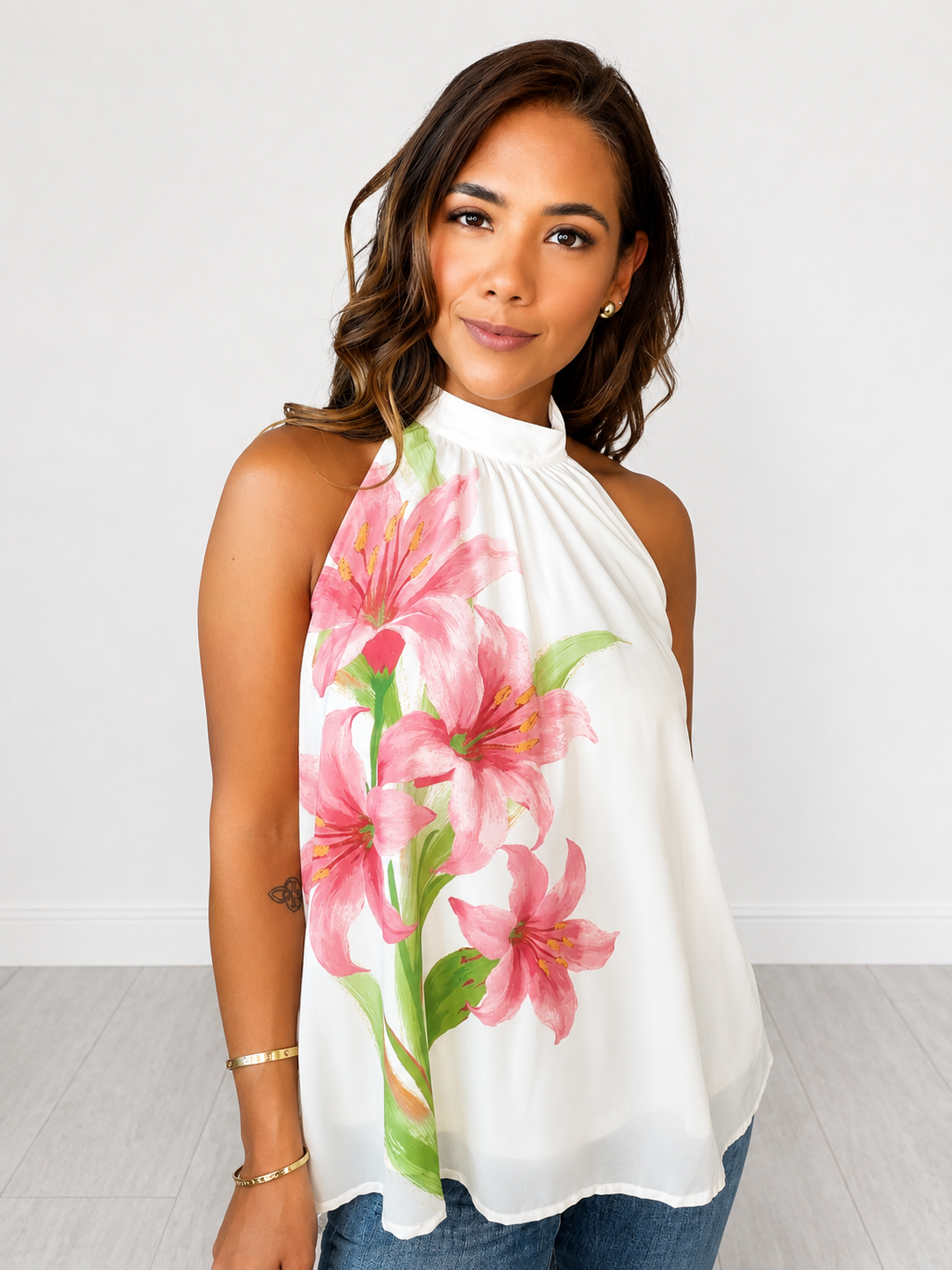 Floral Print Halter Neck Open Back Tie Top - Ivory Pink Lily