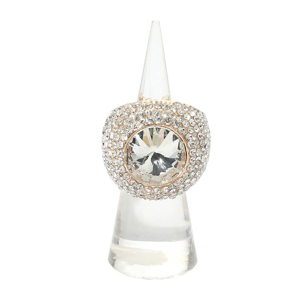 Bold Round Stone Accent Rhinestone Pave Statement Stretch Ring