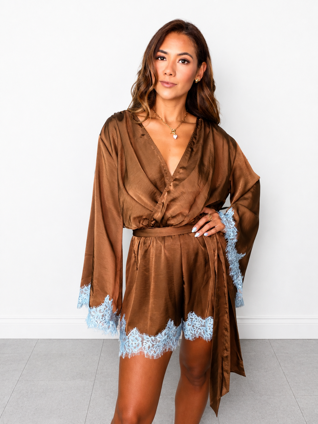 Chocolate Brown Satin Wrap Romper