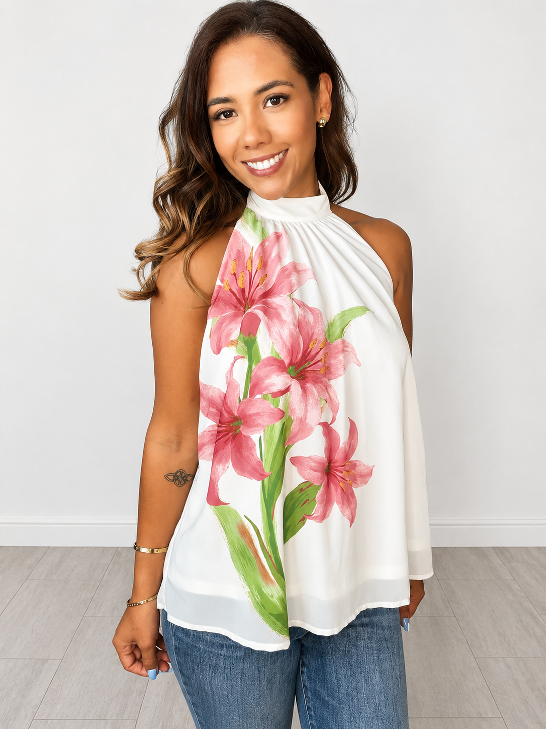 Floral Print Halter Neck Open Back Tie Top - Ivory Pink Lily