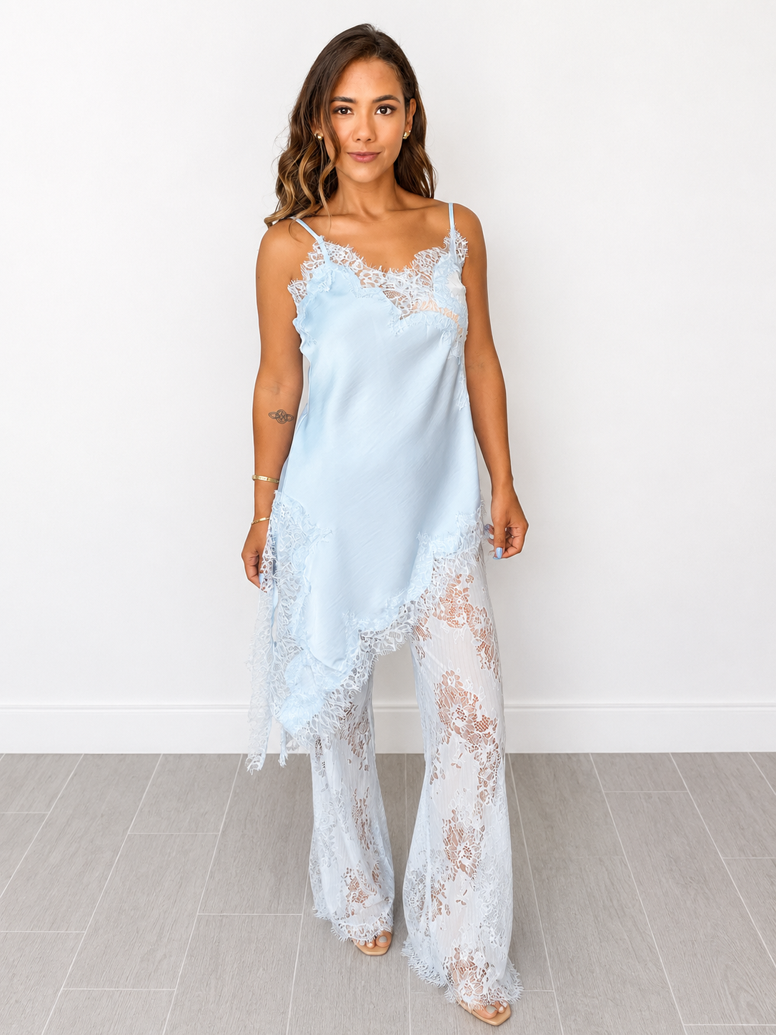 Satin Cami & Lace Wide-Leg Pant Set