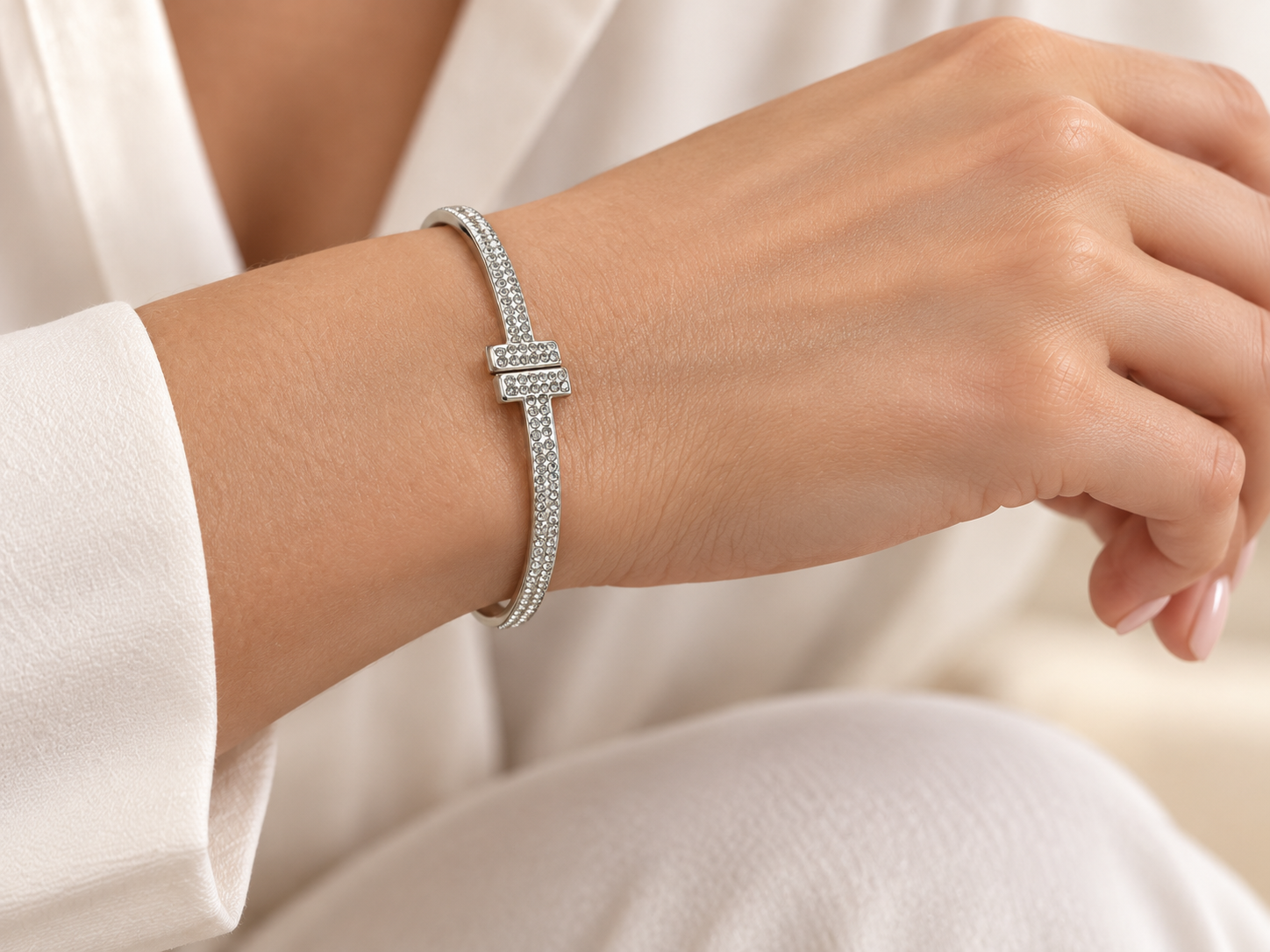 Silver Rhinestone Hinge Cuff Bracelet