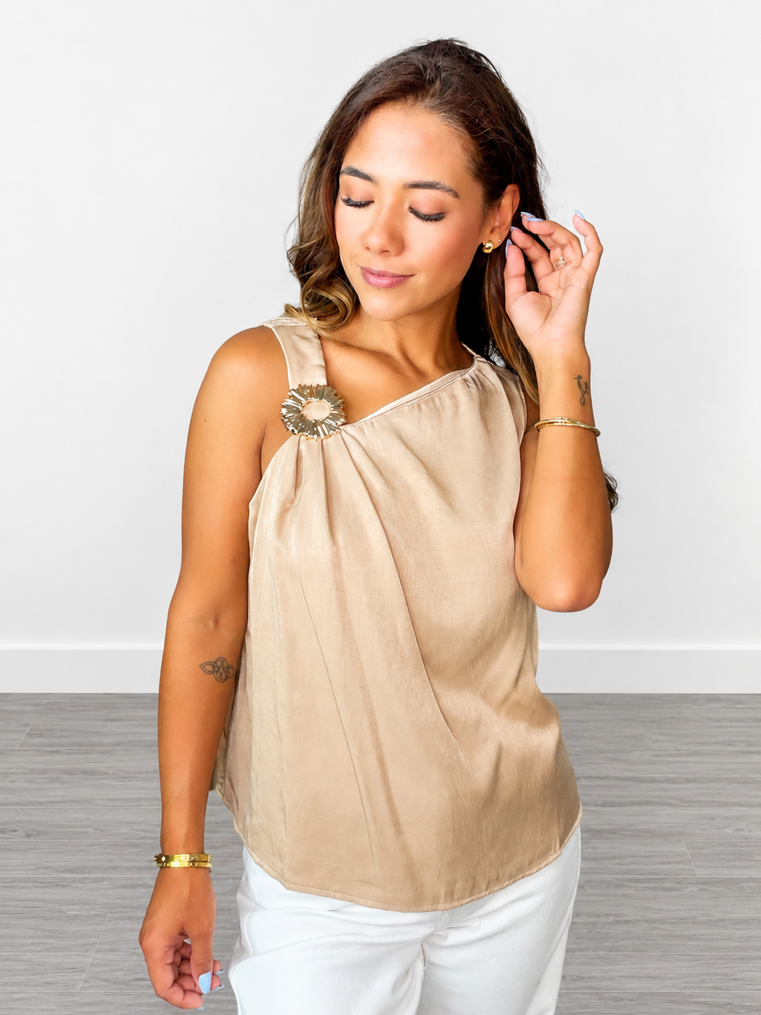 Asymmetrical Neckline Sleeveless Top with Gold Trim