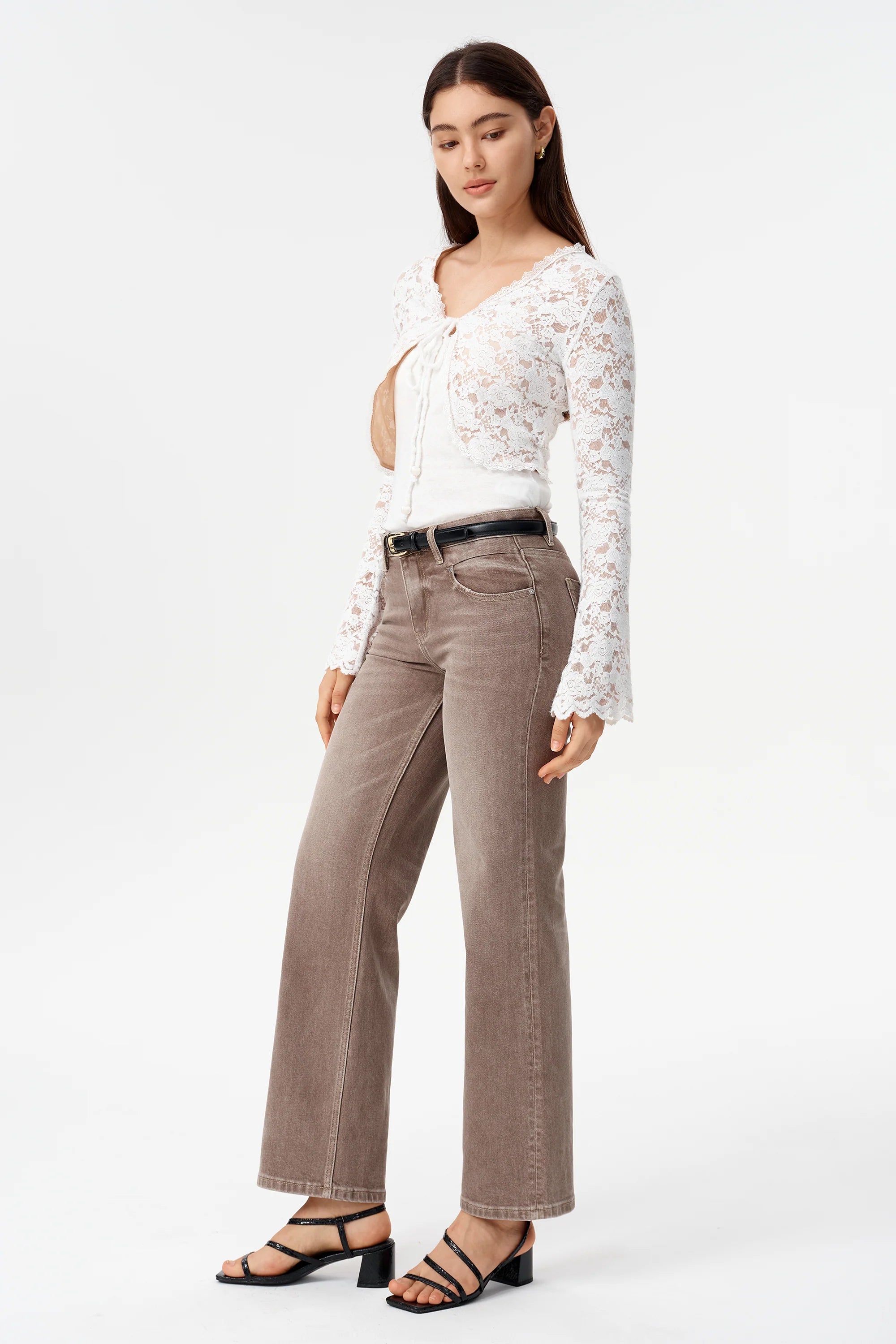 Coffee Wash Mid Rise Straight Leg Jeans