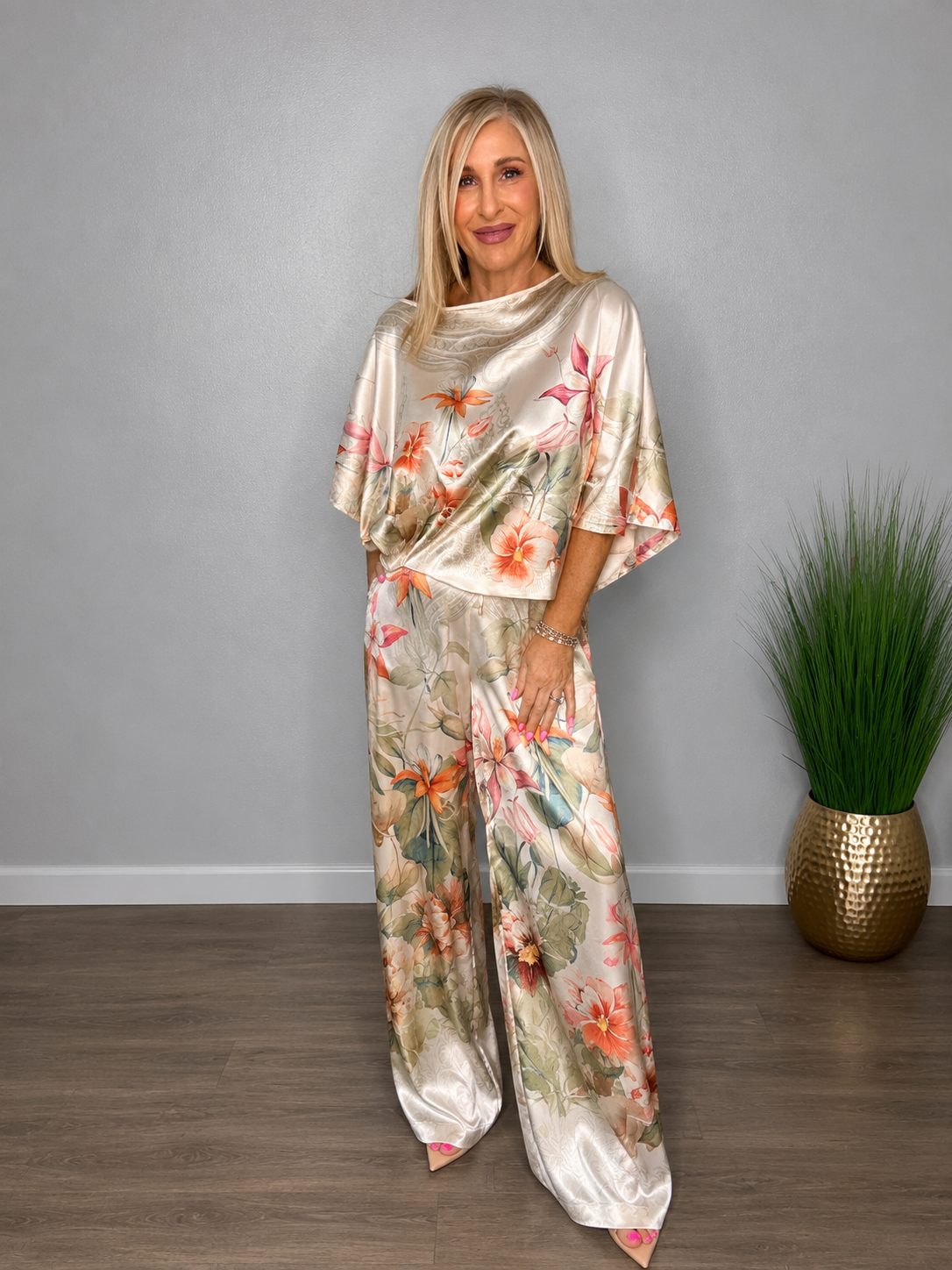 Floral Dolman Sleeve Top & Wide Leg Pants Set