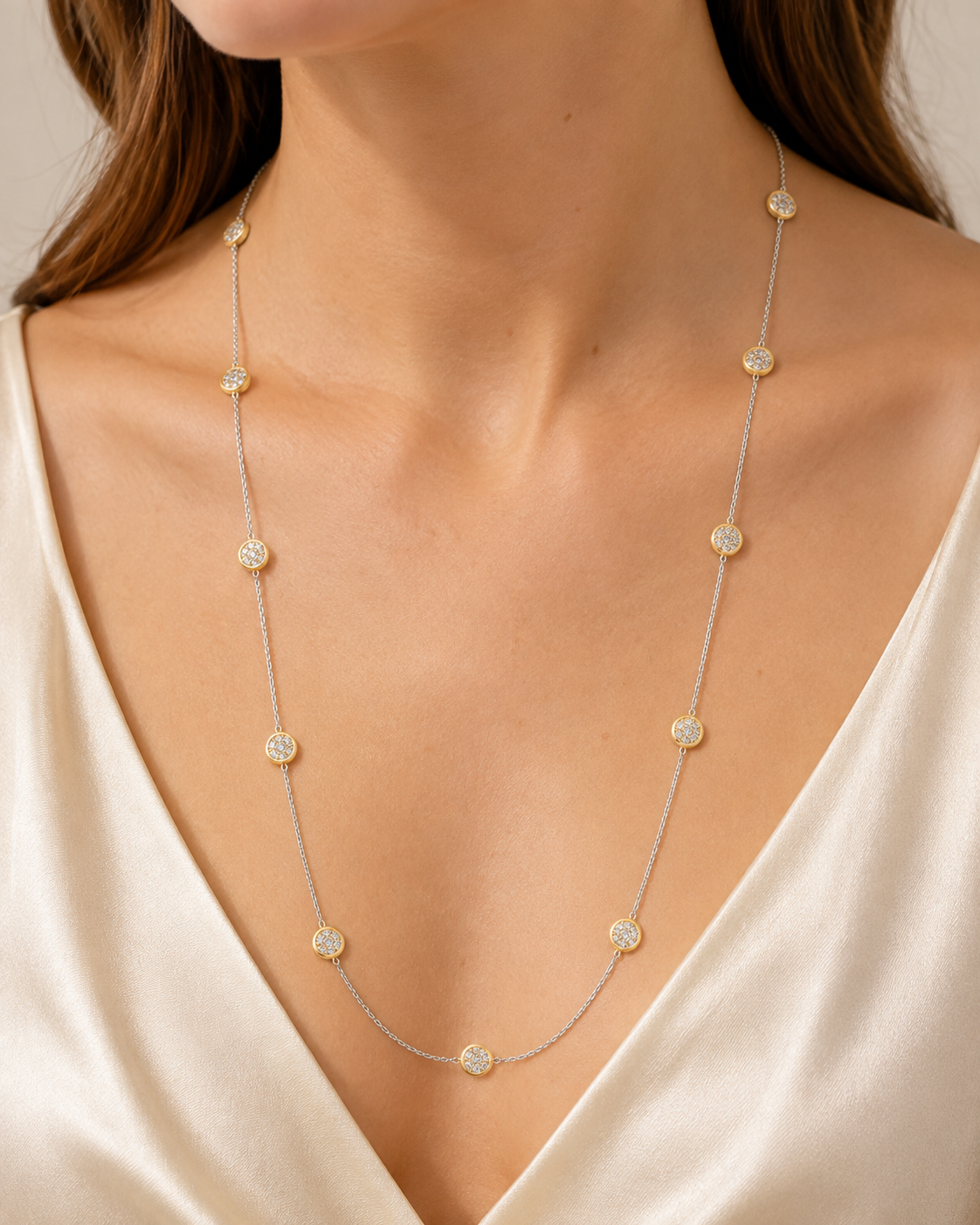 Two-Tone CZ Station Long Necklace