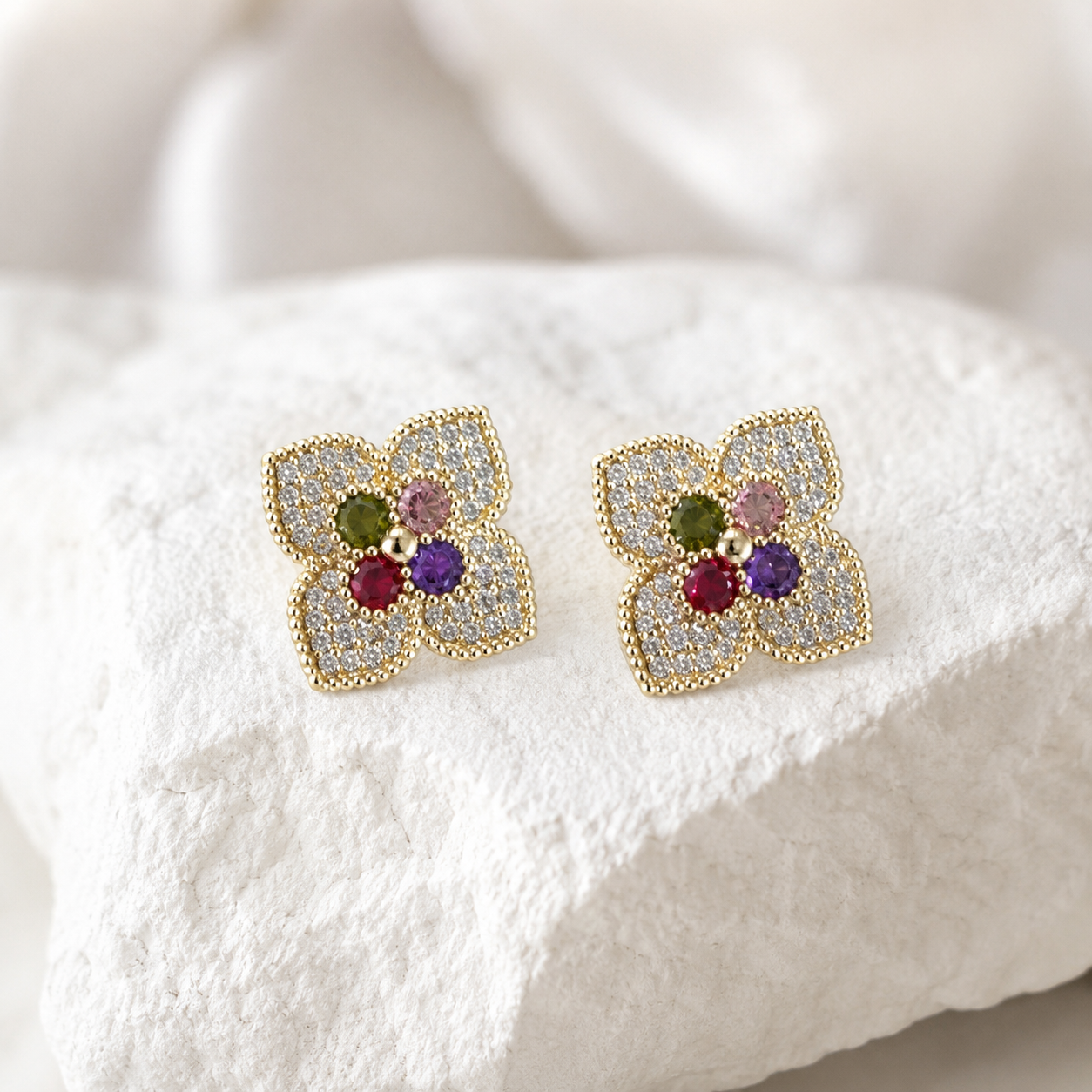 Floral Pavé Stone Stud Earrings