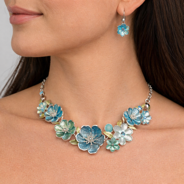 Flower Cluster Bib Style Necklace & Dangle Earring Set