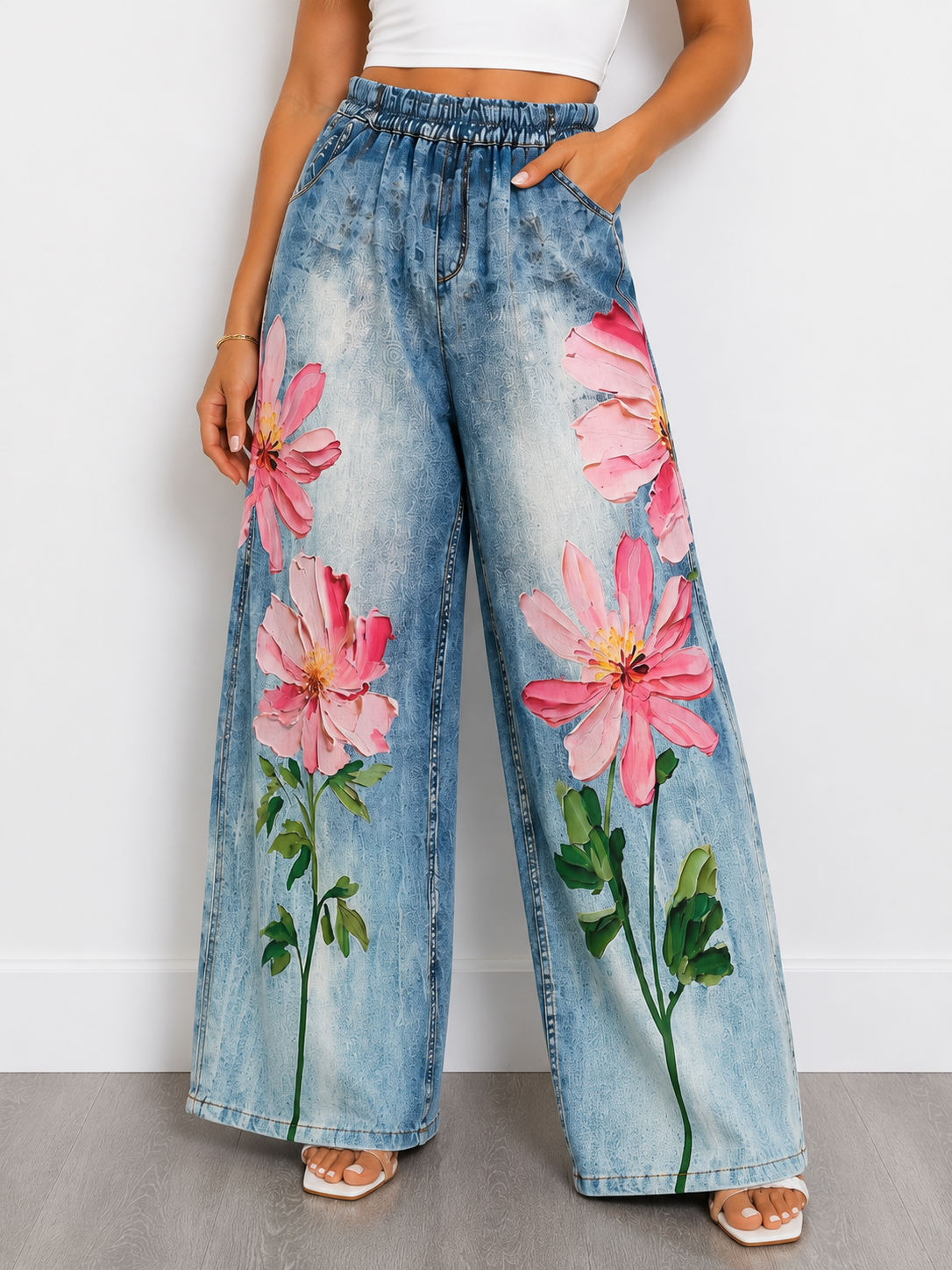 Faux Denim Floral Wide Leg Pant