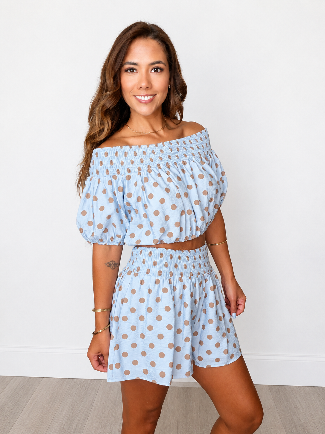 Polka Dot Off Shoulder Smocked Crop Top & Shorts Set
