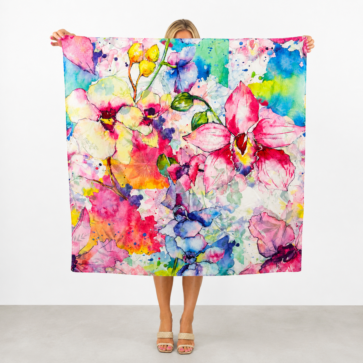 Pink Watercolor Floral Satin Scarf