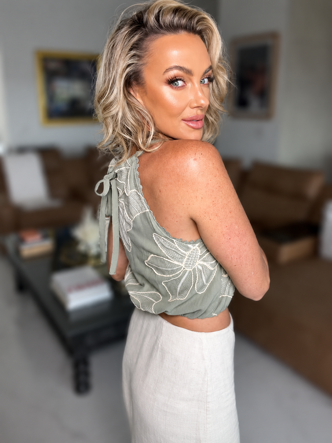 Floral Embroidered Linen Halter Top