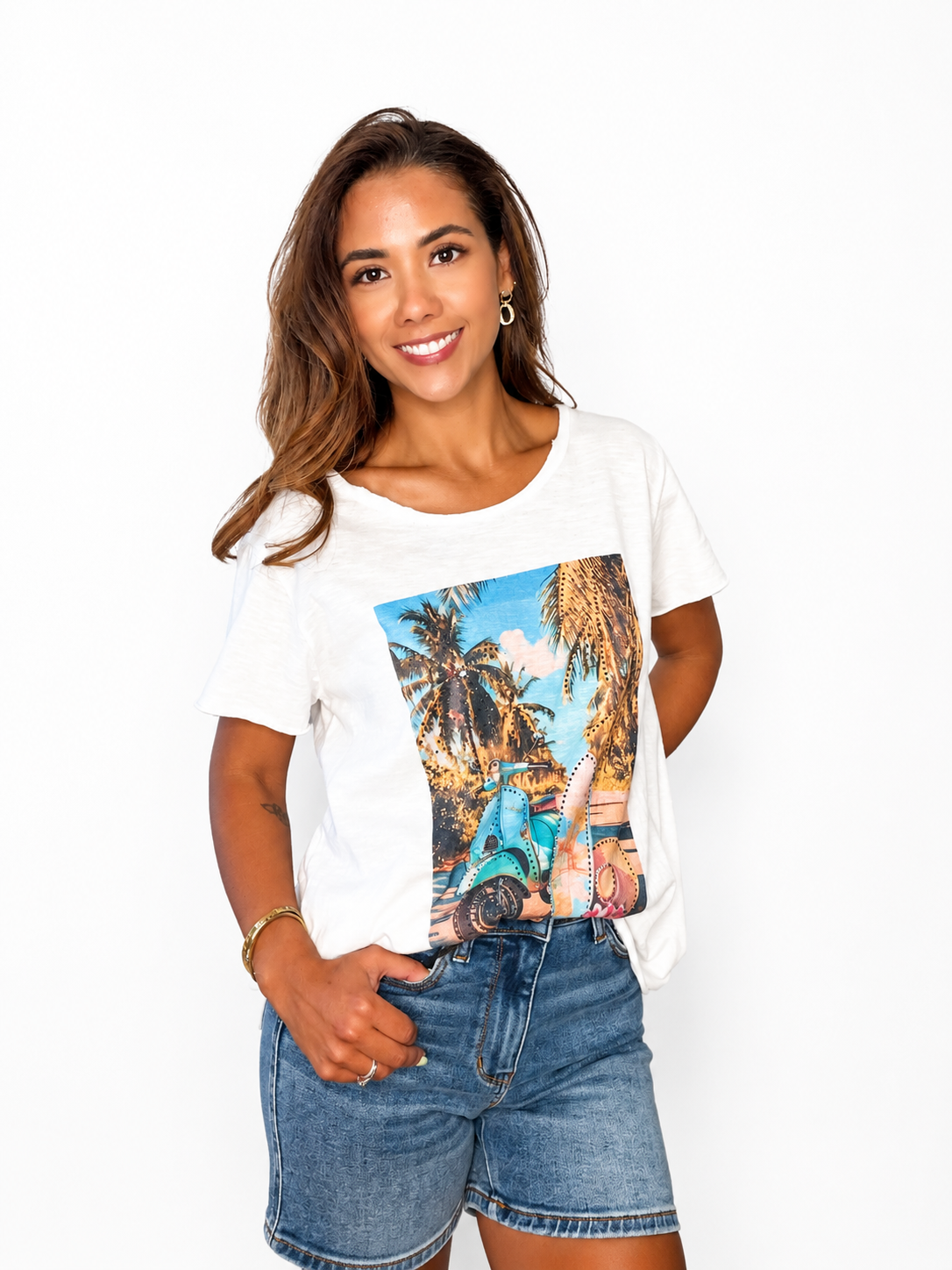 Tropical Rhinestone Photographic Crewneck Tee Top
