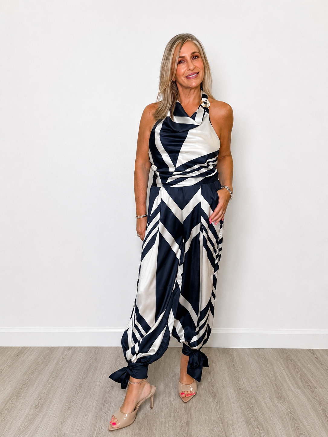 Satin Halter Neck Top & Wide-Leg Pants Set