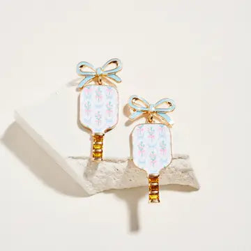 Enamel Pickleball Paddle Ribbon Bow Post Earrings