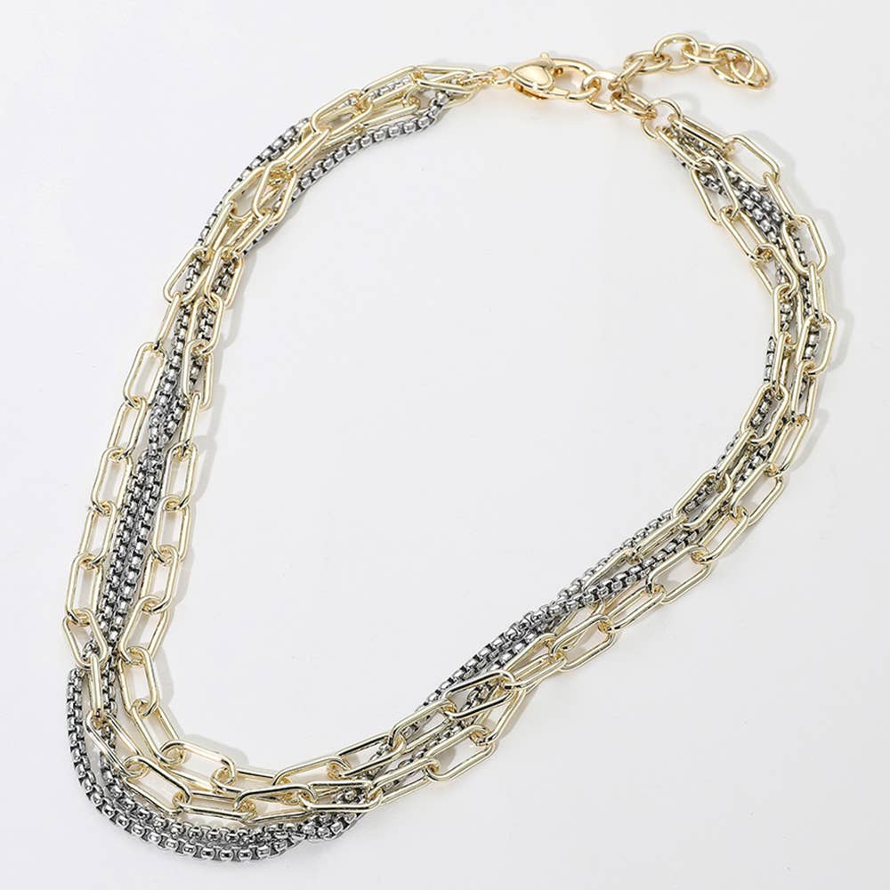 14K Gold Plated Two Tone Mixed Chain Layered Necklace