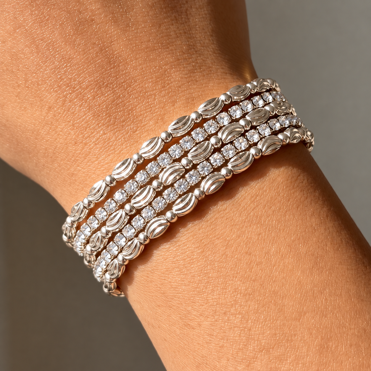 Rhinestone & Crescent Bead Stretch Bracelet Set