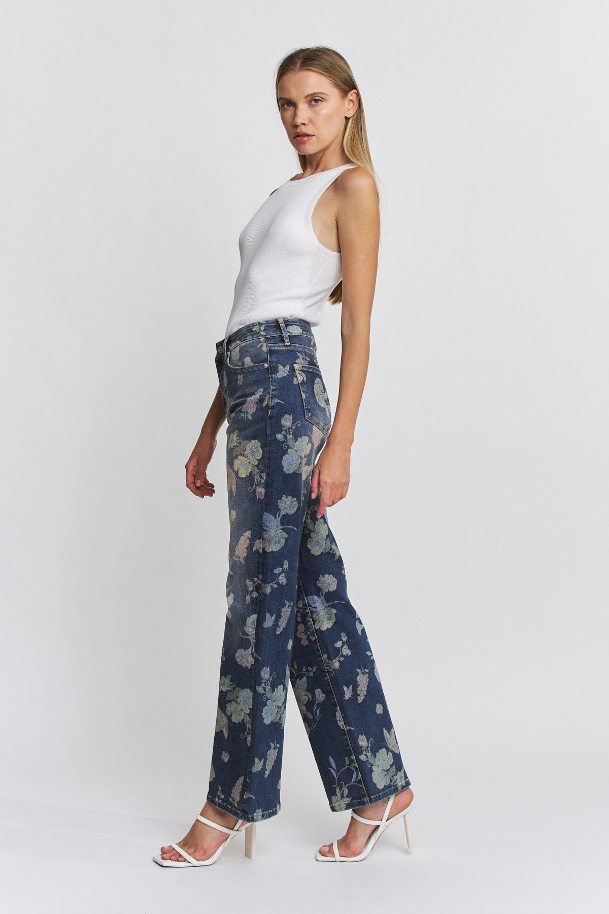 High Rise Wide Leg Embellished Floral Denim Jeans - Front View