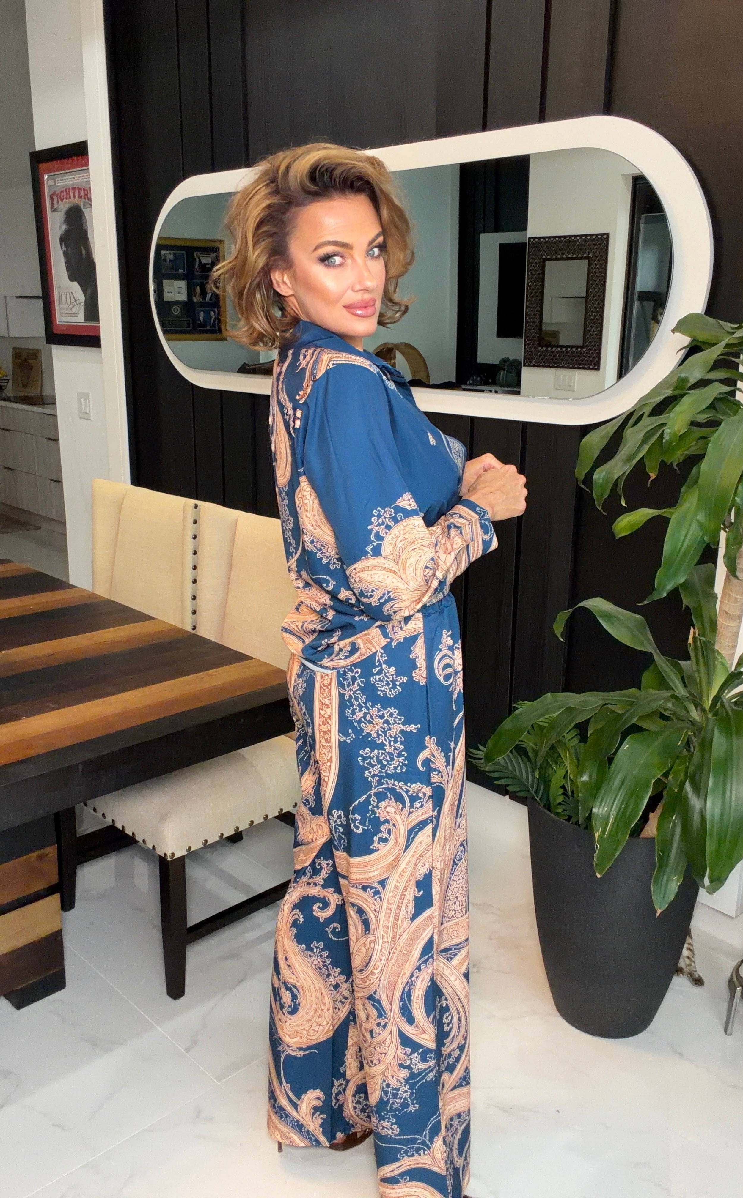 Navy Ornate Print Two-Piece Pants Set