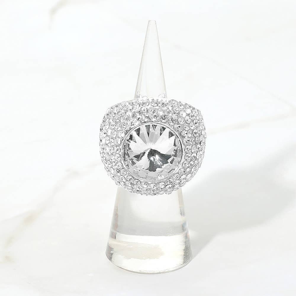 Bold Round Stone Accent Rhinestone Pave Statement Stretch Ring